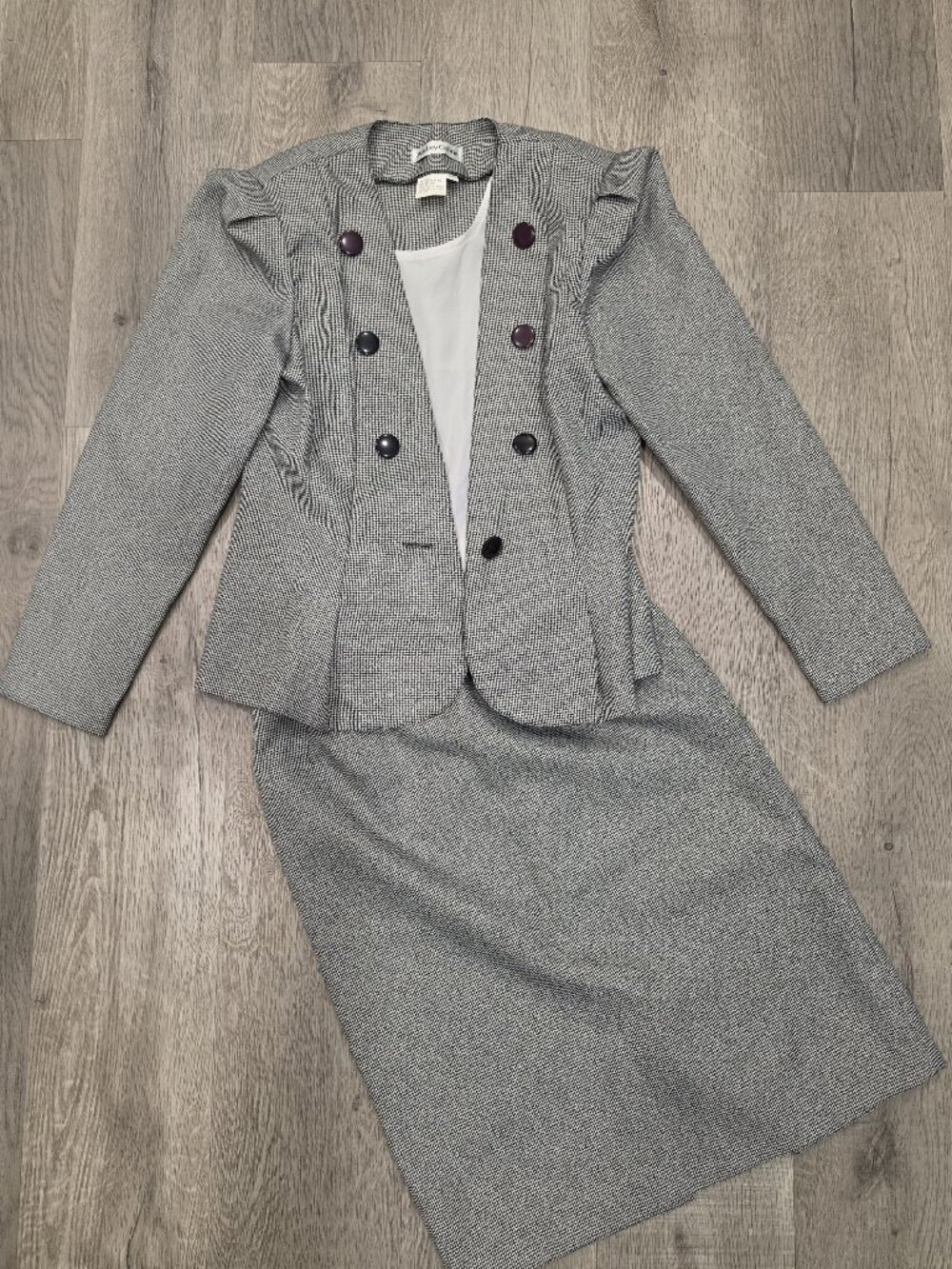 Vintage Audrey Celine Gray Houndstooth Blazer & Pencil Skirt Suit Set Size 11/12